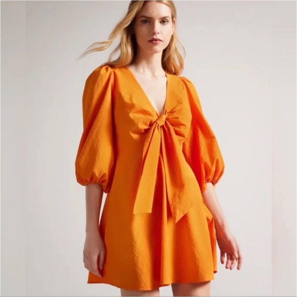Ted Baker Orange Tie-Front Puff Sleeve Mini Dress